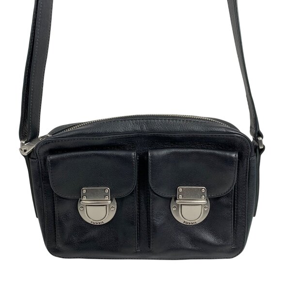 Fossil Riley Black Leather Top Zip Camera Adjustable Crossbody Shoulder Bag - Picture 2 of 14